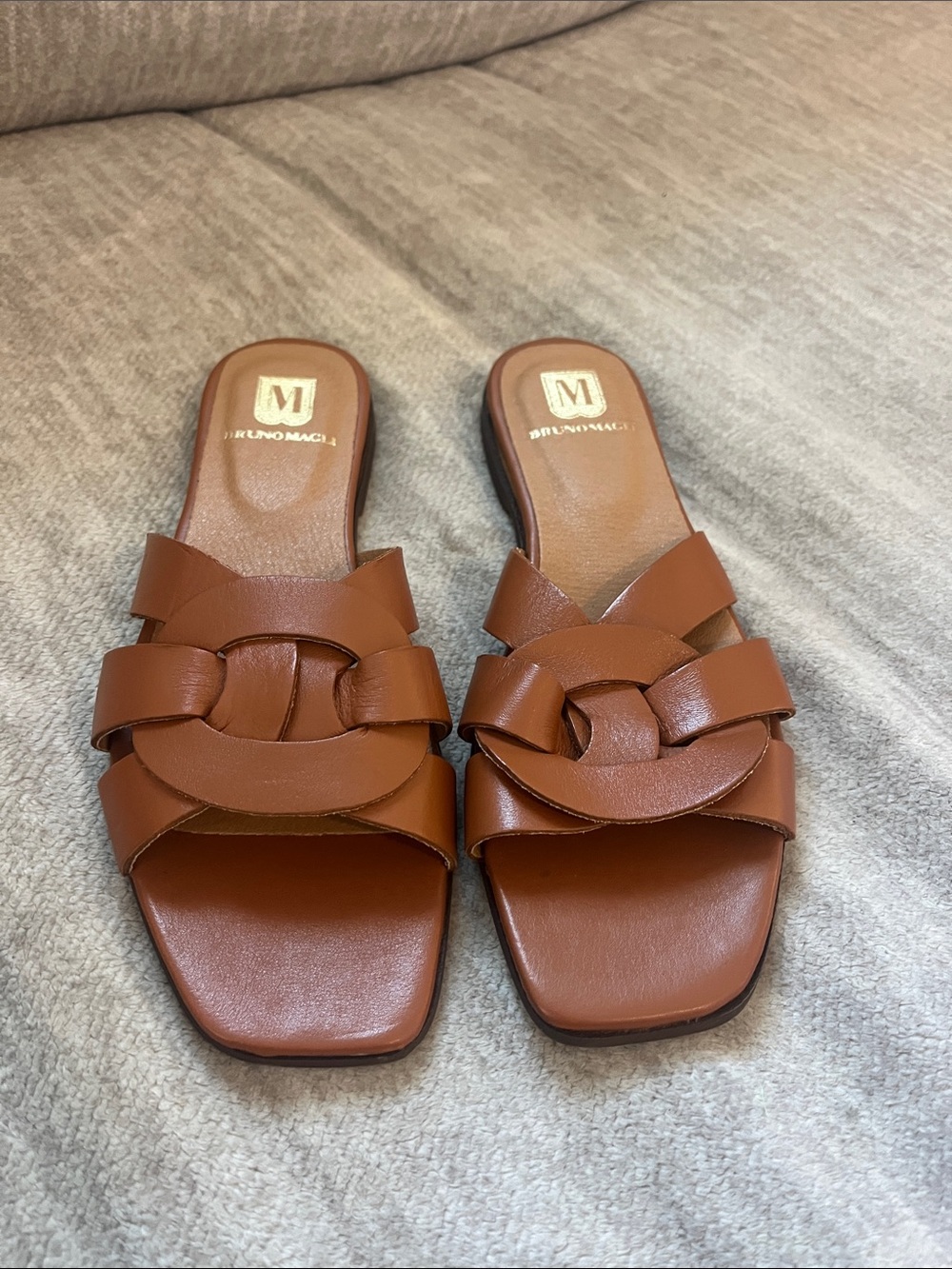 Bruno Magli Cognac Leather Braided Slide Alessia Sandals - Picture 2 of 6